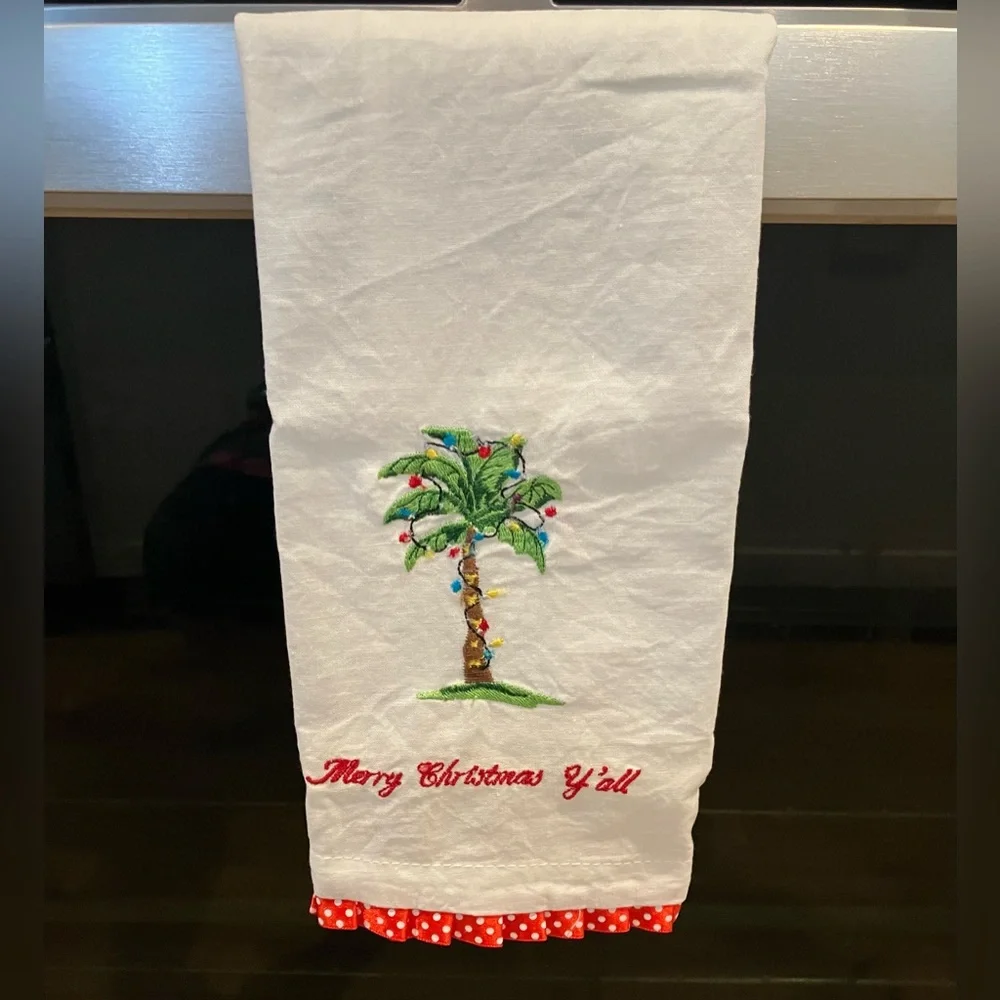 Merry Christmas Y’all white kitchen towel  embroidered palm tree
